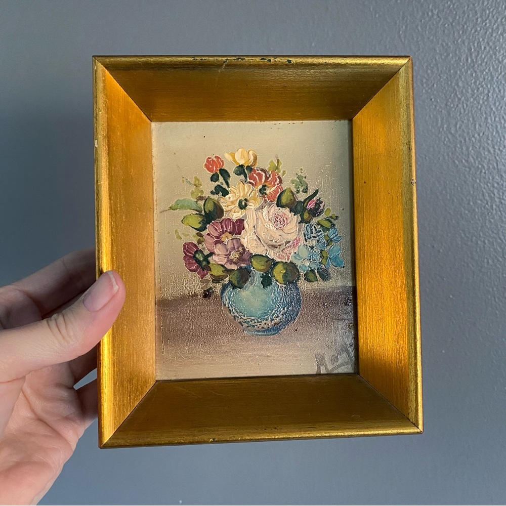 VTG Mini Painting Signed MALY Impressionist Oil Floral on Board
